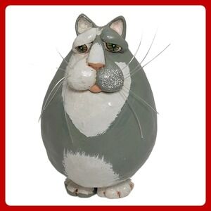 Vicki Thomas Enesco Fat Cat Figurine Grey White Resin Vintage 1997 Decor‎ EUC